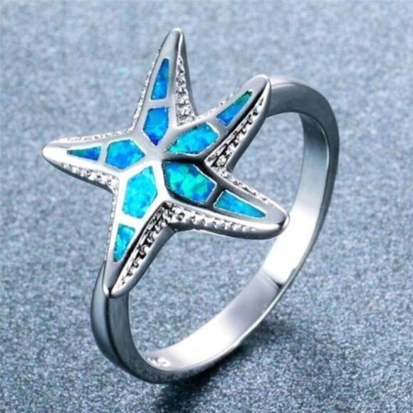 New Blue Fire Opal Starfish Ring Silver - Picture 1 of 8